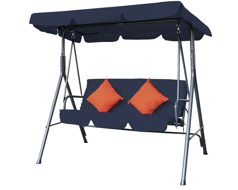 Balcony garden swing 3 seater with orange pillows at Wasserman.eu