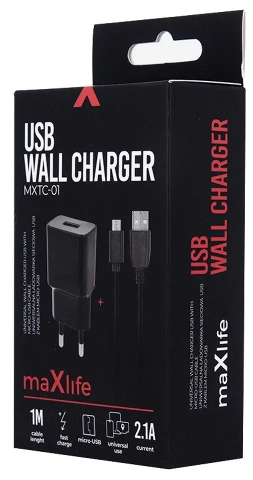 ⁨Ładowarka sieciowa zasilacz 2.1A Maxlife +kabel Micro USB Fast Charge czarna⁩ w sklepie Wasserman.eu