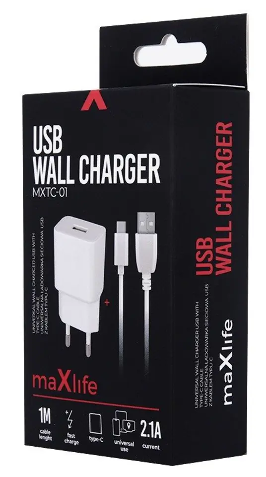 ⁨Ładowarka sieciowa zasilacz 2.1A Maxlife +kabel TYP-C USB-C Fast Charge biała⁩ w sklepie Wasserman.eu