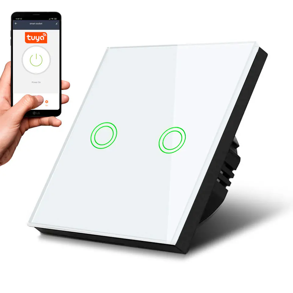 ⁨Maclean Touch Light Switch, Double, SMART, Tuya APP, Glass, White with Round Cushion button, 86x86mm, MCE714W⁩ at Wasserman.eu