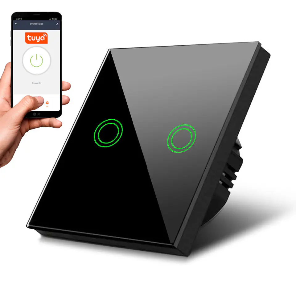 ⁨Maclean Touch Light Switch, Double, SMART, Tuya APP, Glass, Black with Round Cushion. button, 86x86mm, MCE714B⁩ at Wasserman.eu