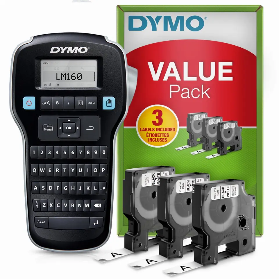 ⁨Dymo- drukarka etykiet LM 160 Value Pack+3xS0720530 taśma D1 czarna/biała 12mm⁩ w sklepie Wasserman.eu