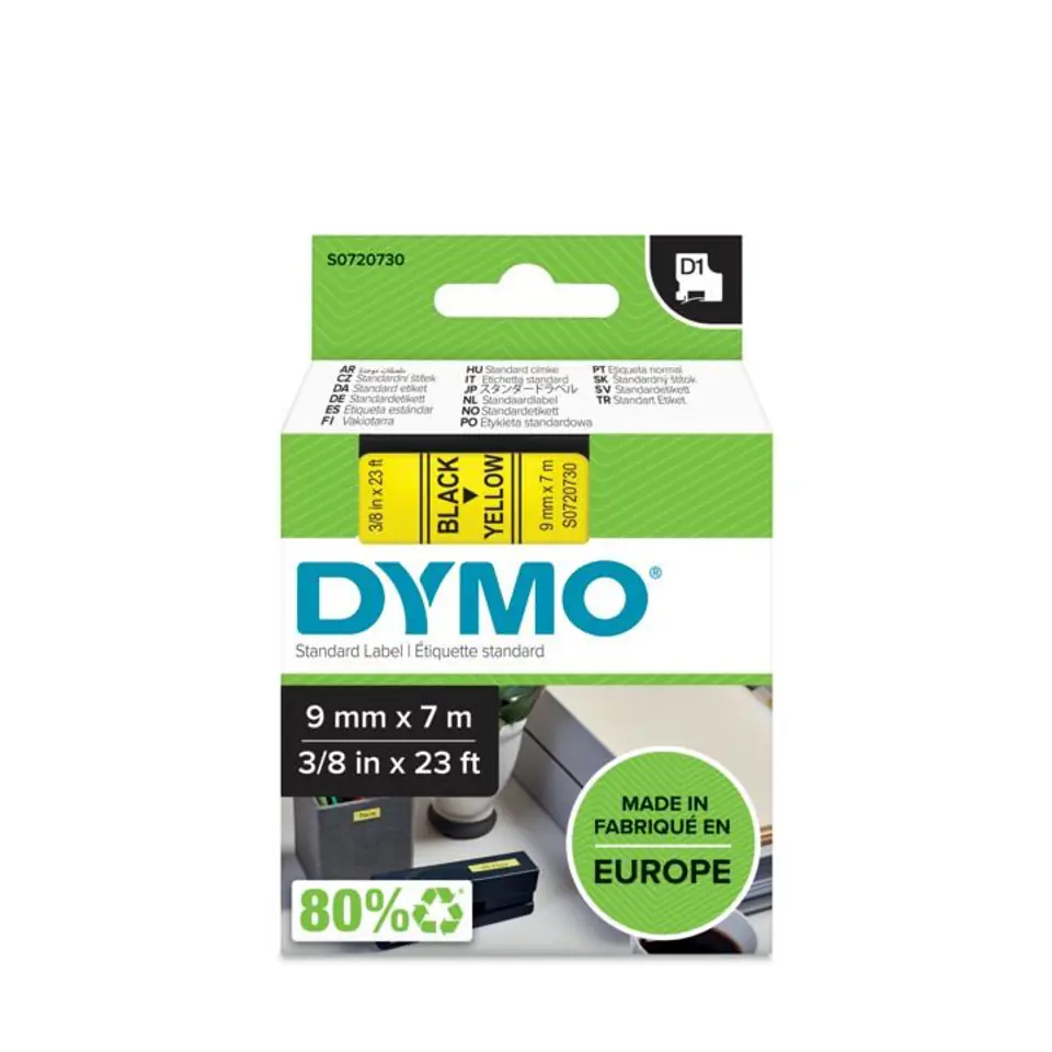 ⁨Taśma DYMO D1- 9mm x 7m czarny/żółty S0720730 (9 mm )⁩ w sklepie Wasserman.eu