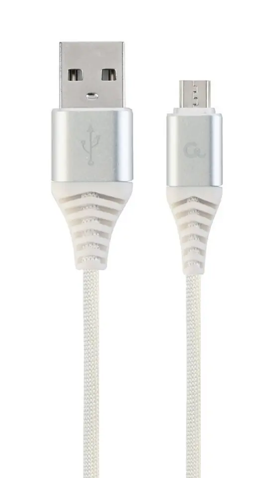 ⁨GEMBIRD KABEL PREMIUM MICRO USB 2.0 AM-MBM5P (METALOWE WTYKI,OPLOT) 2M, SREBRNY/BIAŁY⁩ w sklepie Wasserman.eu