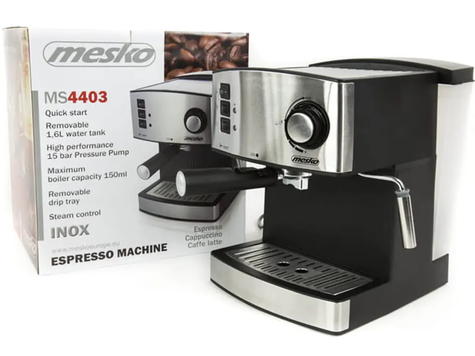 ⁨Mesko pressure coffee machine + MS 4403 milk frother⁩ at Wasserman.eu