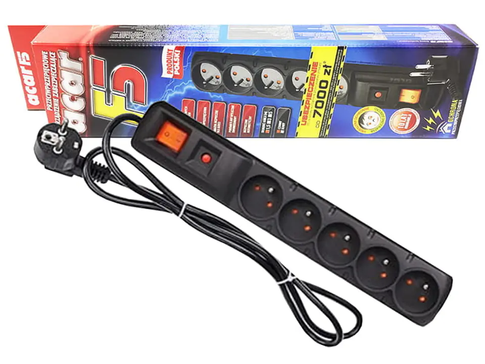 ⁨Acar surge protector (5 sockets, 3 m, black)⁩ at Wasserman.eu