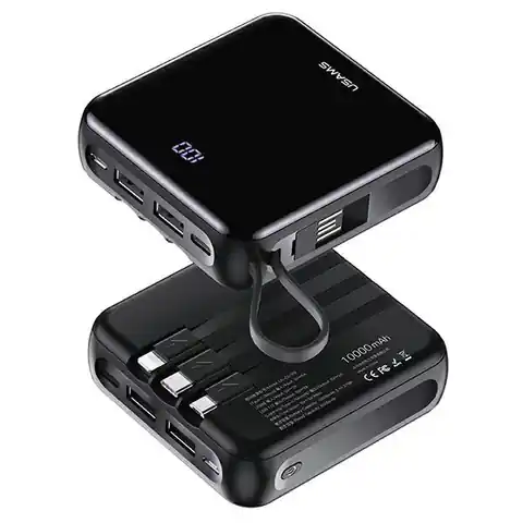⁨USAMS Mini Powerbank PB61 10000mAh LED + Kabel USB-C / Lightning / MicroUSB schwarz / schwarz 10KCD16901 (US-CD169)⁩ im Wasserman.eu