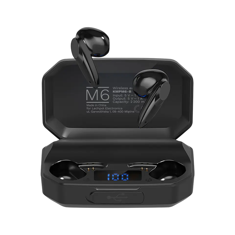 ⁨Bezprzewodowe słuchawki douszne z power bankiem Kruger&Matz M6 - kolor czarny⁩ w sklepie Wasserman.eu