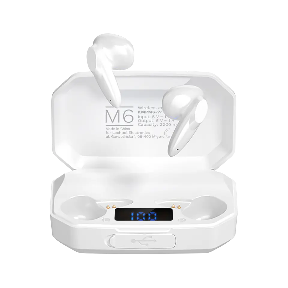 ⁨Bezprzewodowe słuchawki douszne z power bankiem Kruger&Matz M6 - kolor biały⁩ w sklepie Wasserman.eu