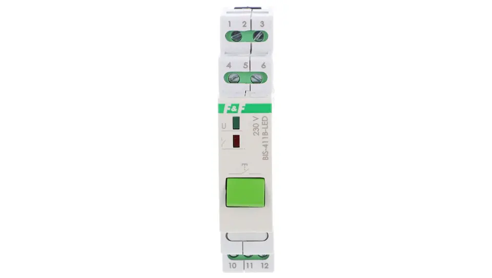 ⁨Przekaźnik bistabilny z przyciskiem do sterowania ręcznego na szynę DIN z przekaźnikiem inrush 160A/20ms BIS-411B-LED⁩ w sklepie Wasserman.eu
