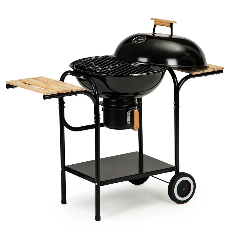 Garden grill with lid and shelves