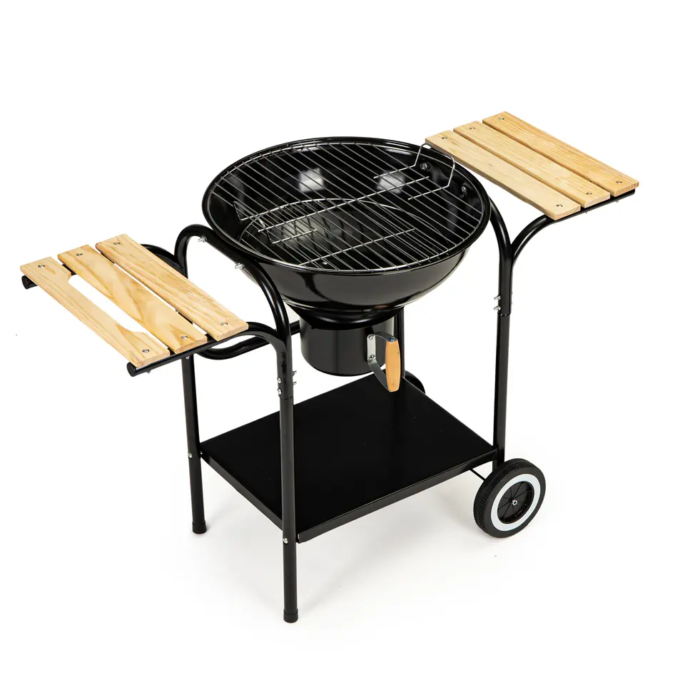 Garden grill with lid and shelves