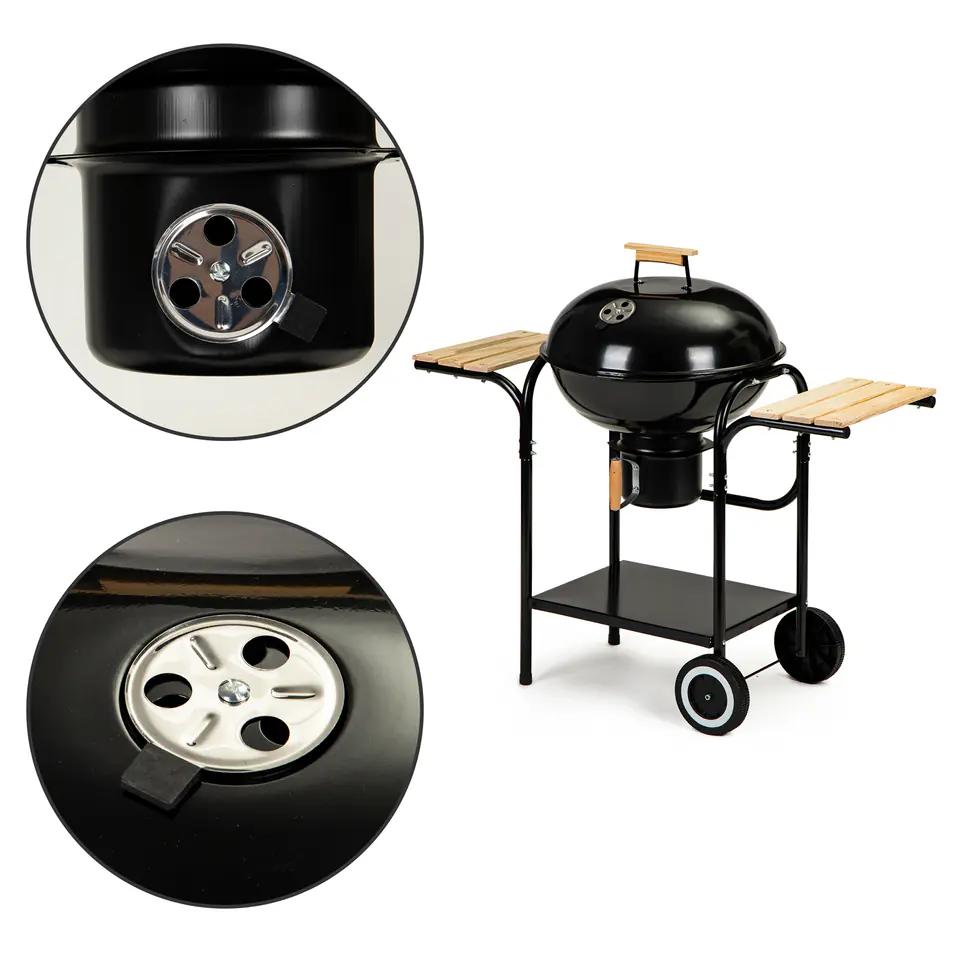 Garden grill with lid and shelves