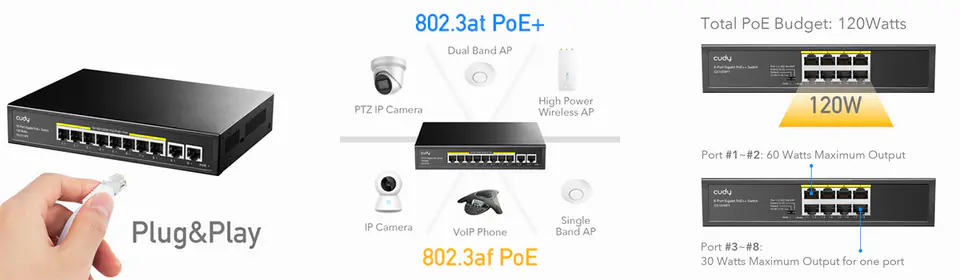 SWITCH PoE+ 8-port GS1008PT 120W 1Gbps VLAN Extend