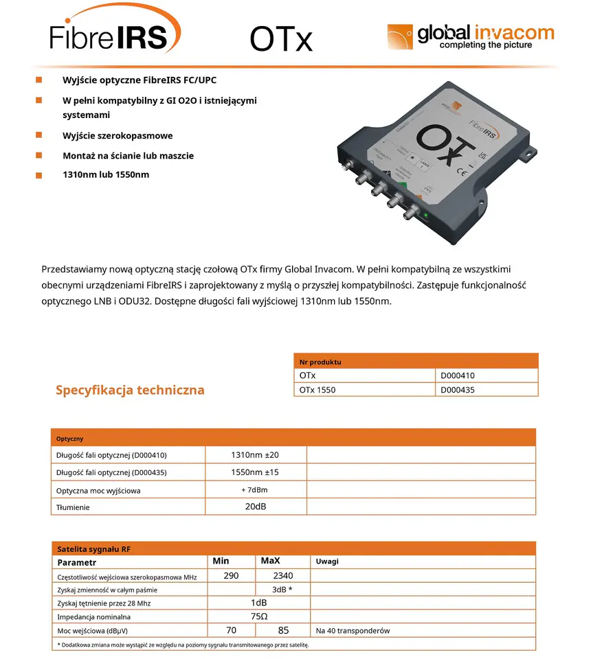 Zestaw optyczny FibreIRS Global Invacom OTx KIT