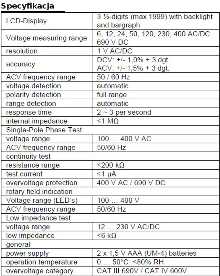 Tester Napięcia Prądu AC DC +/- LCD PeakTech 1090