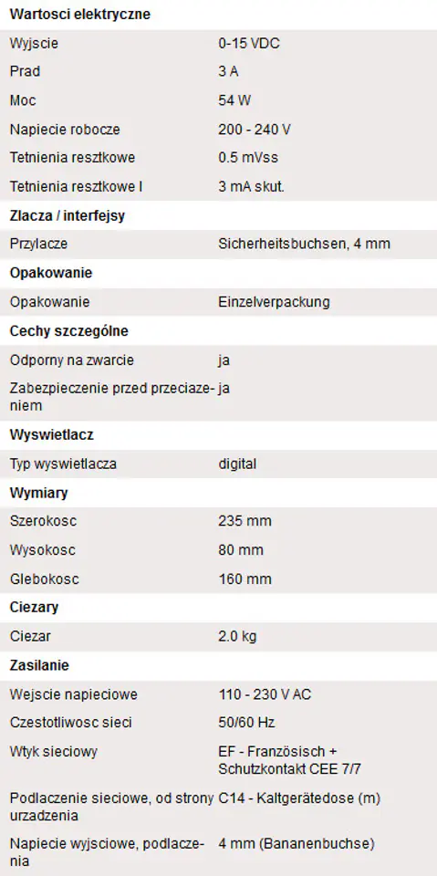 Zasilacz laboratoryjny 45W 15V 3A PeakTech 6080A