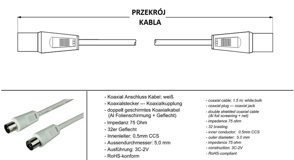 Przewód antenowy IEC 1,5m biały 11510