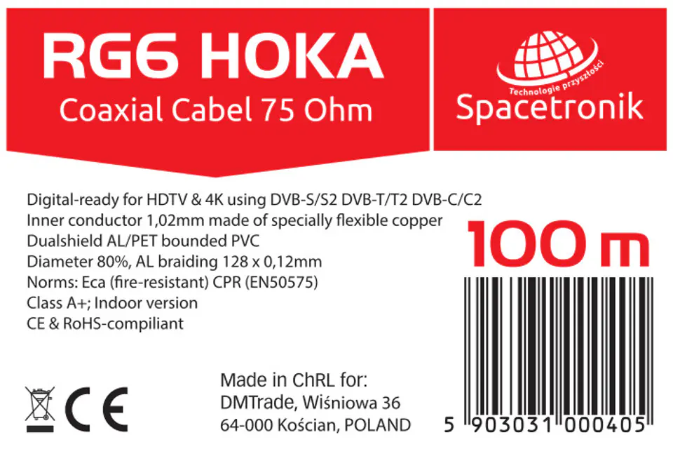 RG6 Spacetronik HOKA 102 CU Dualshield 100m cable