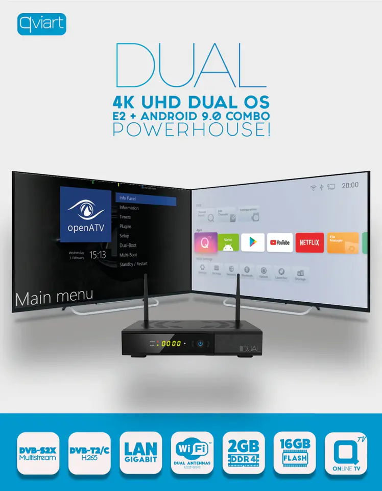 Qviart DUAL OS V2 Enigma2 Android 4K DVB-S2X/T2/C