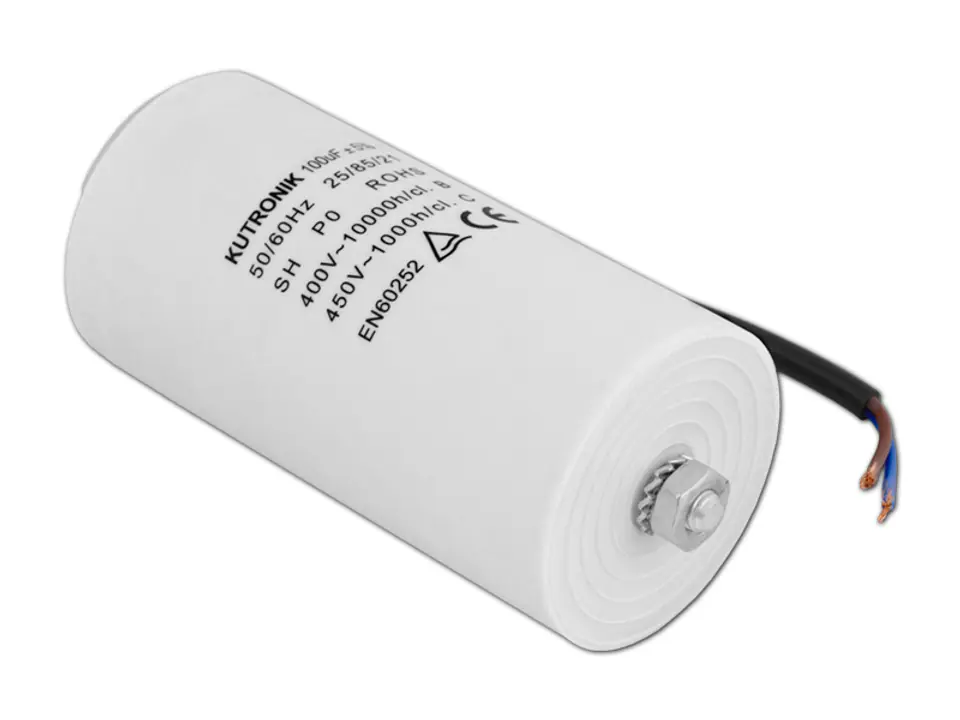 Motor capacitor 100uF/450VAC with wires. (1LM) | Wasserman.eu