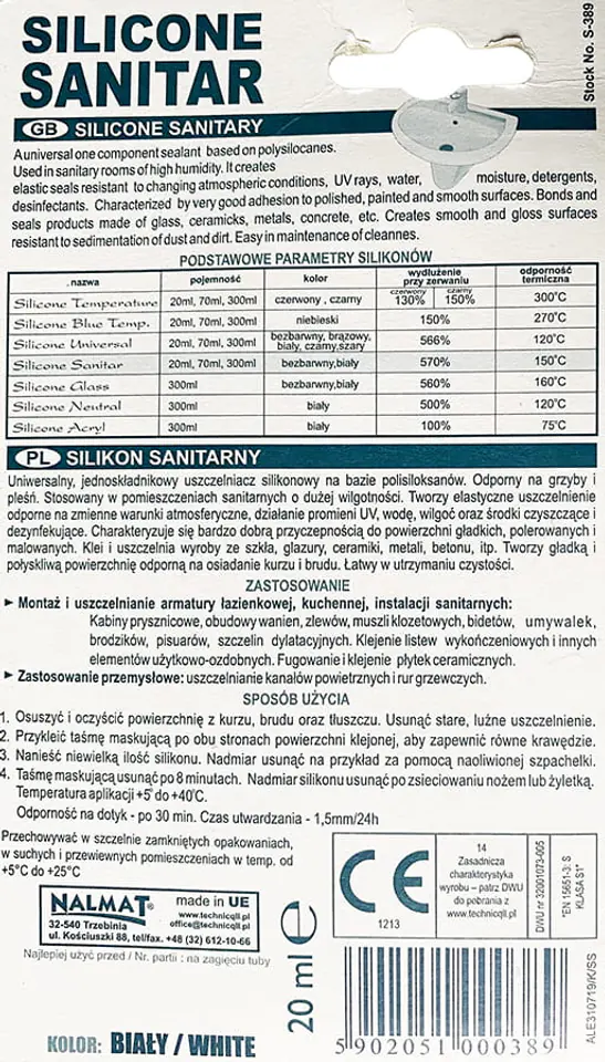 Informacje z opakowania silikonu sanitarnego Techicqll S-389