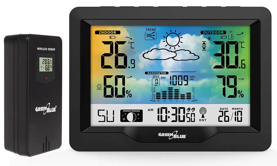 Stacja pogody bezprzewodowa kolorowa z systemem DCF GreenBlue GB540