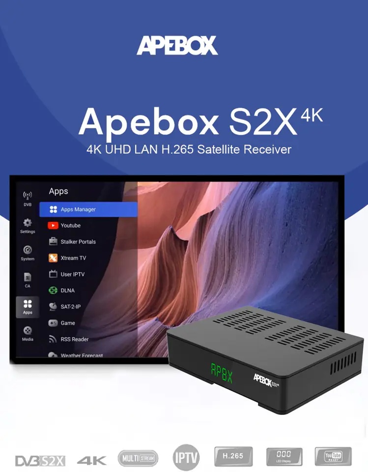 APEBOX S2X 4K H.265 IPTV Xtream Stalker ccam M3U