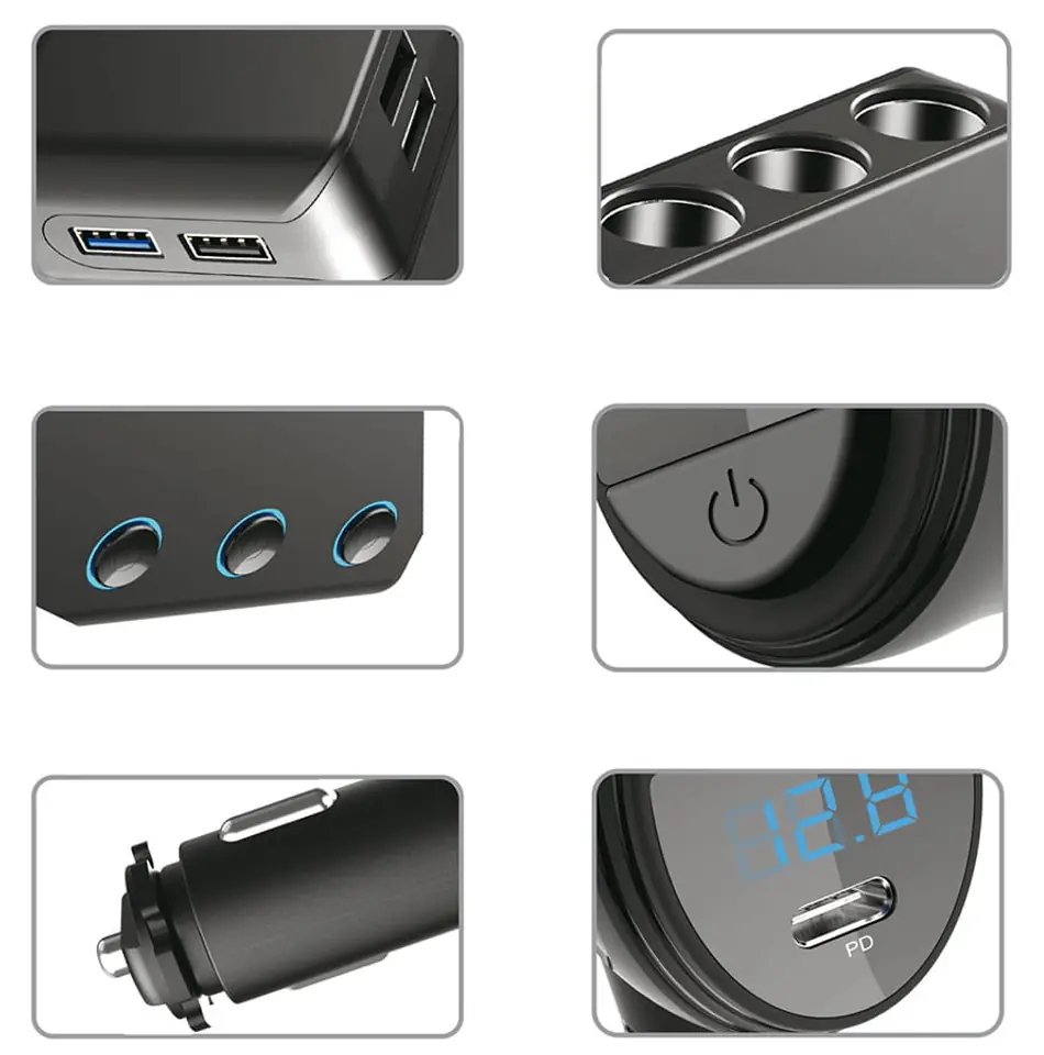 Rozdzielacz zapalniczki 3xgn 4xUSB 1xtPD 18W woltomierz