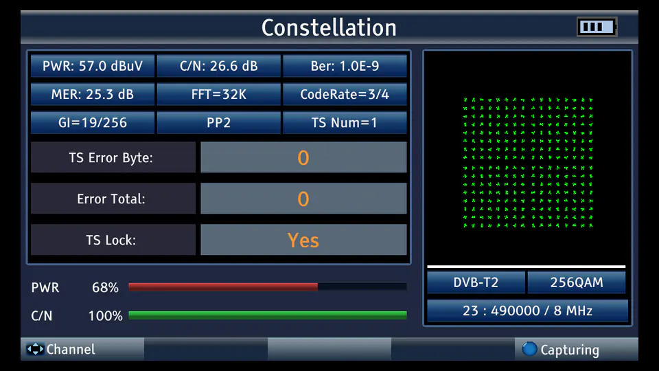 Medidor de campo DVB C/S2/T2 Meter con 7 Display, H.265 Codec