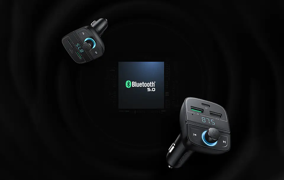 Transmiter FM UGREEN CD229, Bluetooth 5.0, USB QC 3.0, USB-C PD, microSD (czarny)