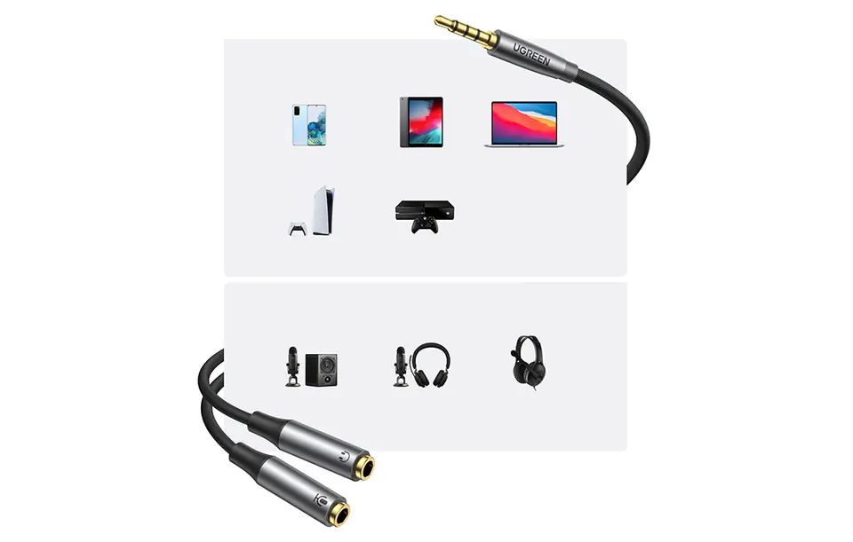 UGREEN AV192 Audio splitter AUX mini jack cable 3.5mm (male) for earphone + microphone (female), 20cm (grey)