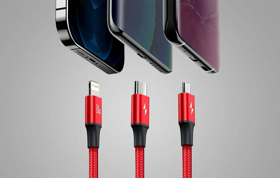 Baseus Rapid Series 3in1 USB Cable, micro USB / Lightning / USB-C, 20W, 1.5m (red)