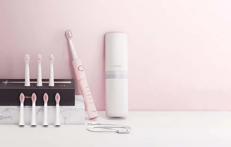 Szczoteczka soniczna do zębów z zestawem końcówek i etui FairyWill FW-E11 (różowa)