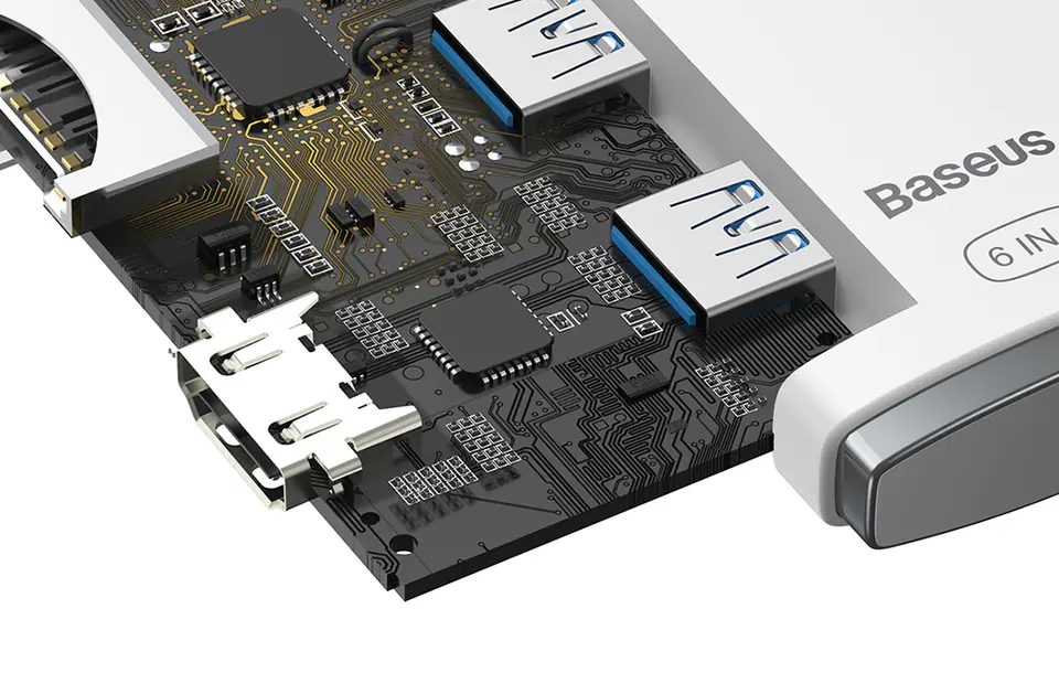 Hub 6w1 Baseus Lite Series, USB-C do 2x USB 3.0 + HDMI + USB-C + TF/SD (biały)