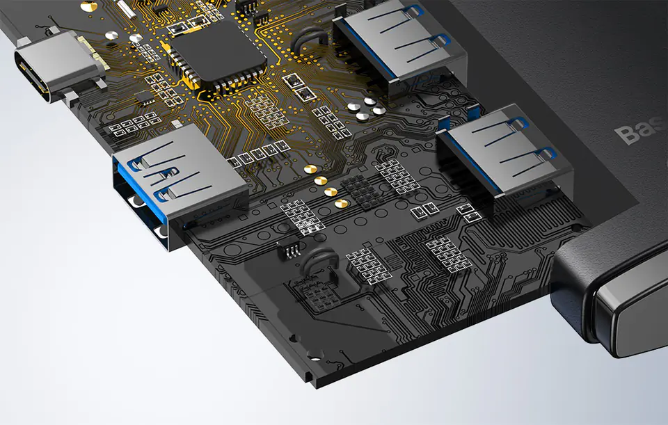 Hub 4w1 Baseus Lite Series USB-C do 4x USB 3.0 + USB-C, 25cm (czarny)
