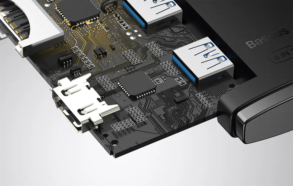 Hub 6in1 Baseus Lite Series USB-C to 2x USB 3.0 + USB-C + HDMI + SD/TF (black)
