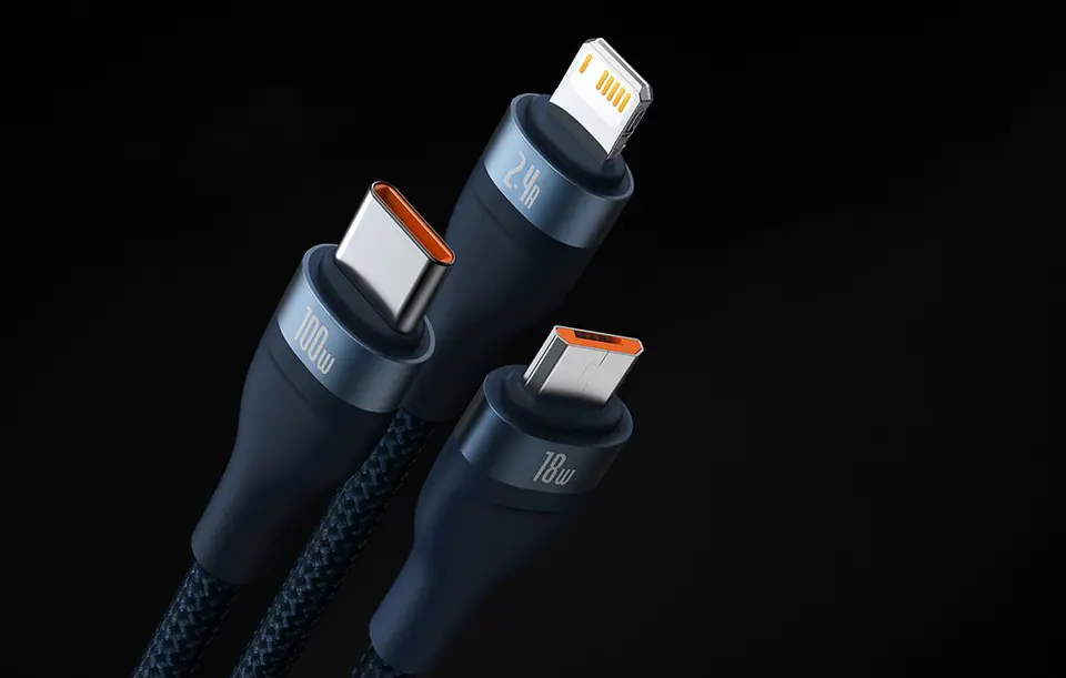 Baseus Flash Series 3in1 USB Cable, USB-C + Micro USB + Lightning, 100W, 1.2m (Blue)