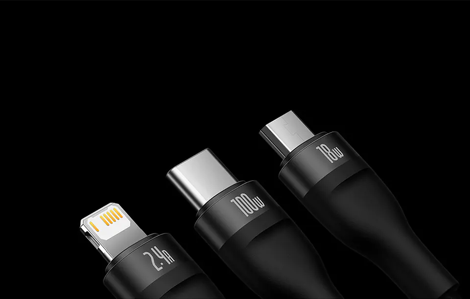 Baseus Flash Series 3in1 USB Cable, USB-C + micro USB + Lightning, 100W, 1.2m (Black)