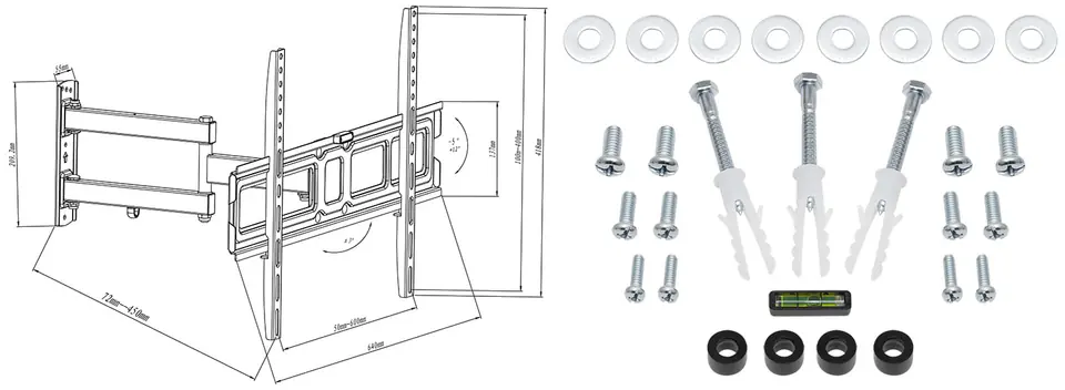 Wymiary wieszaka na telewizor i akcesoria montażowe