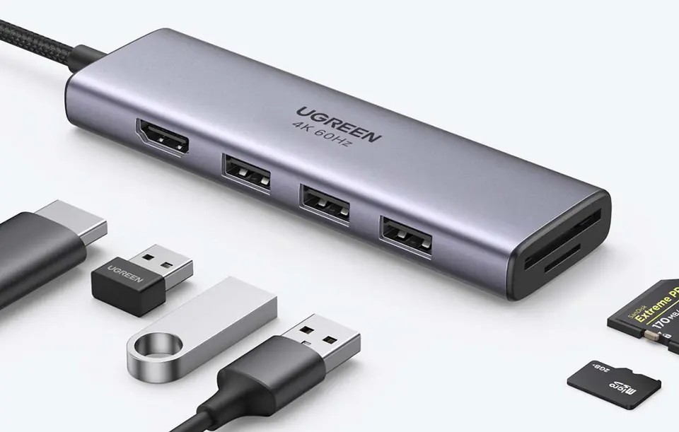 5in1 UGREEN CM511 USB-C Hub Adapter to 3 USB3.0 + HDMI + TF/SD Ports (Grey)