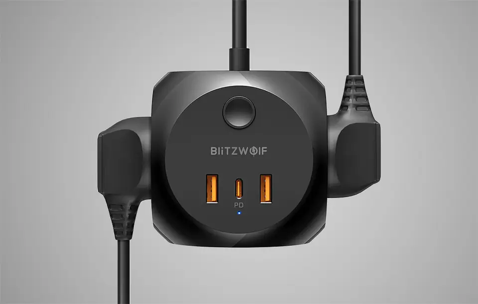 Ładowarka sieciowa Blitzwolf  z 3 gniazdami AC, BW-PC1, 2x USB, 1x USB-C, (czarna)