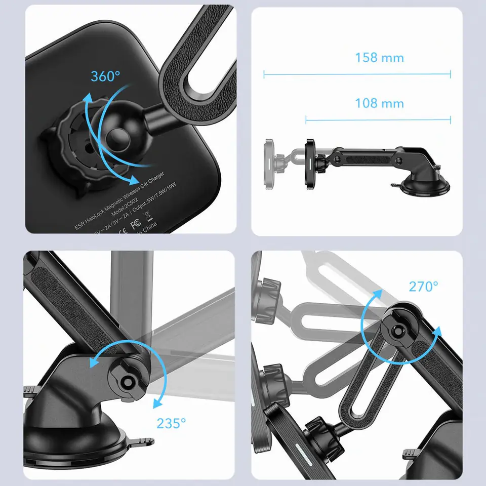 Magnetic Car Holder with Inductive Charging for Windshield / Dashboard  Telescopic Arm Magsafe ESR Halolock Black