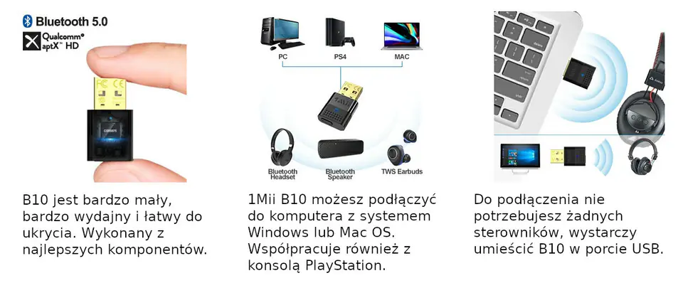 B10 Nadajnik Audio Bluetooth 5.0 USB 1Mii aptX 20m