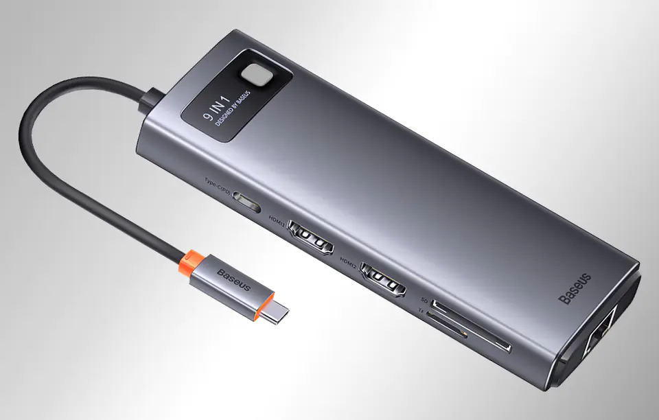 Hub 9w1 Baseus Metal Gleam Series, USB-C do 2x USB 3.0 + 2x HDMI + USB 2.0 + USB-C PD + Ethernet RJ45 + microSD/SD