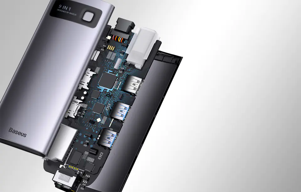 Baseus Metal Gleam Series 9in1 Hub, USB-C to 2x USB 3.0 + 2x HDMI + USB 2.0 + USB-C PD + Ethernet RJ45 + microSD/SD