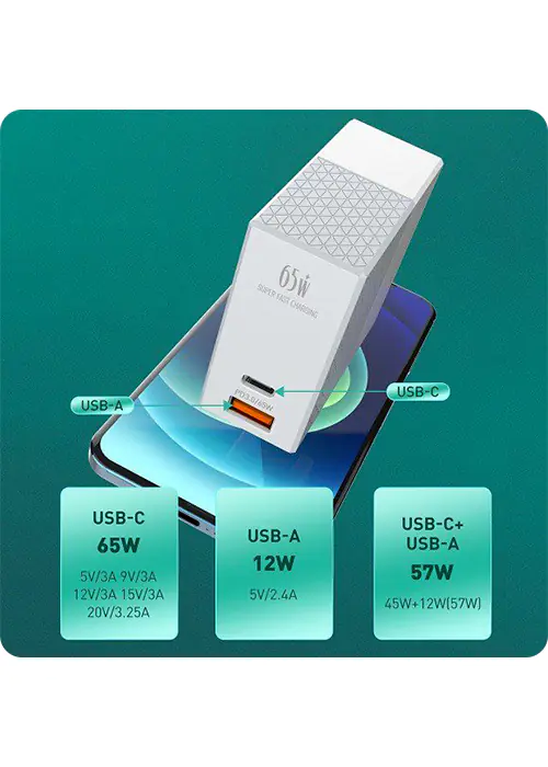 USB Charger 65W PD QC3.0 2-Port Notebook