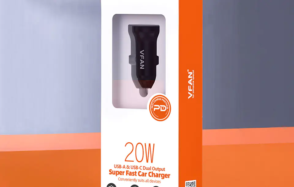 Vipfan C03 Car Charger, USB + USB-C, 20W, PD + QC 3.0 (Black)