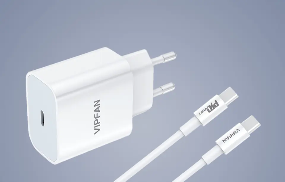 Ładowarka sieciowa Vipfan E04, USB-C, 20W, QC 3.0 + kabel USB-C (biała)