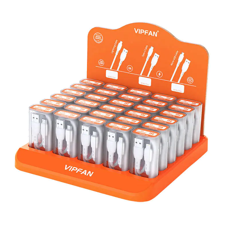 Desk display VIPFAN + 30 pcs. USB to USB-C / Lightning / Micro USB ...